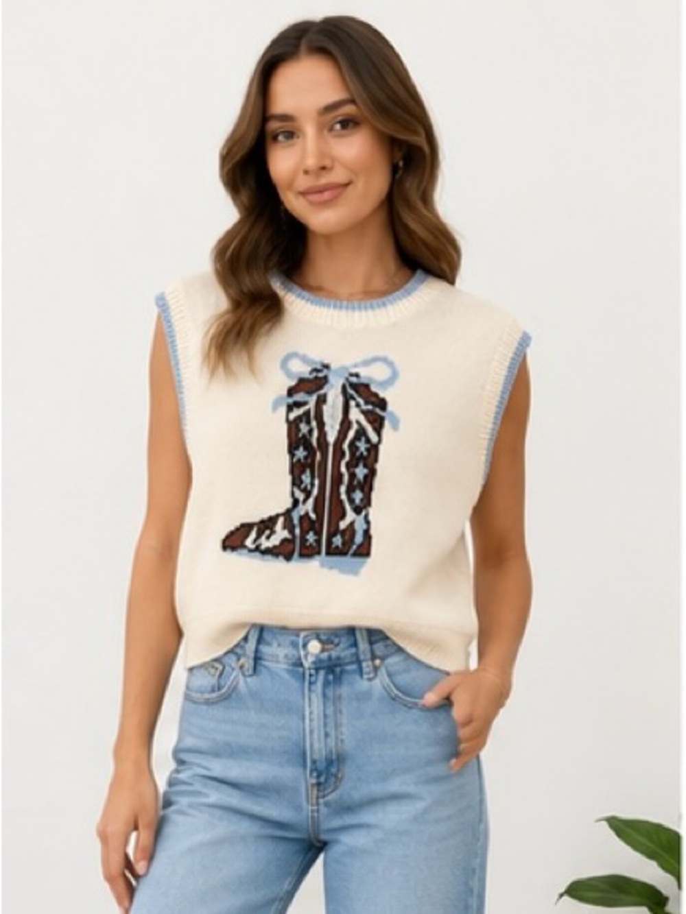 Anthropologie Luna Ivy Cowboy Boots Sweater Vest M Western Knit Boutique